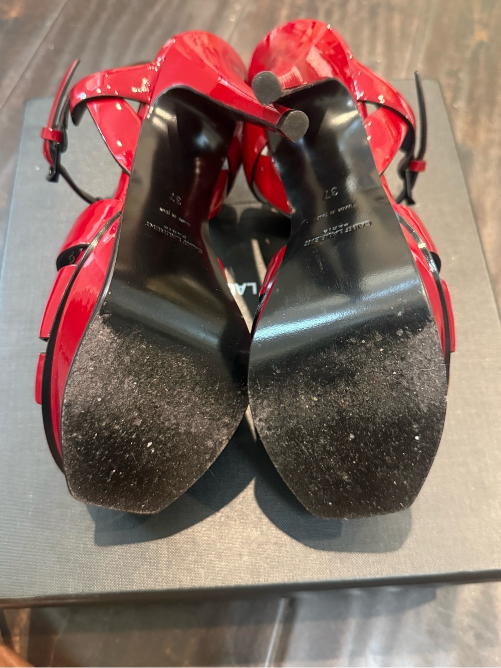 Saint Laurent Tribute Red Patent Leather T-Strap Heeled Sandals - Picture 8 of 8